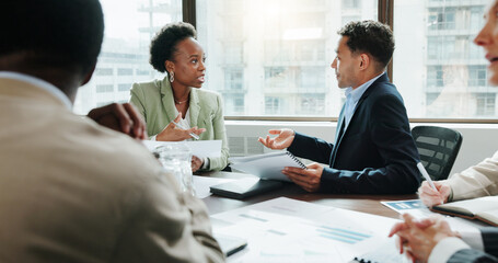 Poster - Teamwork report and meeting with business people in office for investment analyst, advisor and stock market. Audit review, portfolio growth and feedback with employees in agency for research