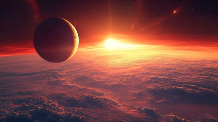 Wall Mural - Fiery celestial body rising above a distant planet.