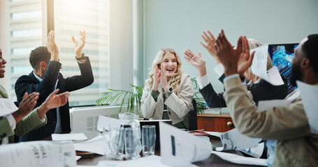 Aufkleber - Applause, paper throw and business people with documents for success, collaboration and celebration. Goals, target and winner with happy employee team in workplace for deal, meeting or motivation