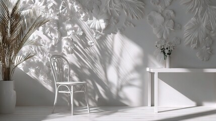 Poster - serene white room with floral shadows and palm leaves