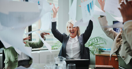 Aufkleber - Celebration, paper throw and business people with documents for success, collaboration and excited. Goals, target and winner with happy employee team in workplace for deal, meeting or motivation