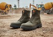 © Farhan - Robust olive work boots at a construction site with heavy machinery in the back