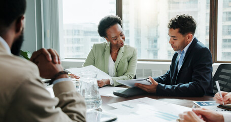 Poster - Documents, report and meeting with business people in office for investment analyst, advisor and stock market. Audit review, portfolio growth and feedback with employees in agency for research