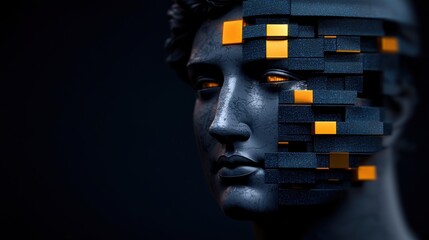 Poster - A man's face is made of blocks and has a yellow outline