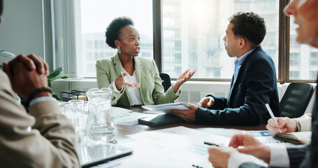Poster - Office, business people teamwork with discussion in meeting, financial project and investment update. Collaboration, finance consultant and manager with document for report, feedback and proposal
