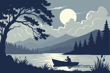  44 serene lake at night,full moon in the sky,silhouette of a boat on the water,mountains in the background,clouds in the sky,forest around the lake,digital art,highly detailed,intricate,cinematic,soft
