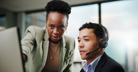 Aufkleber - Call center, help and training with mentor on computer for customer service, consulting or sales advice in office. People, team or telemarketing manager with discussion, coaching intern or contact us