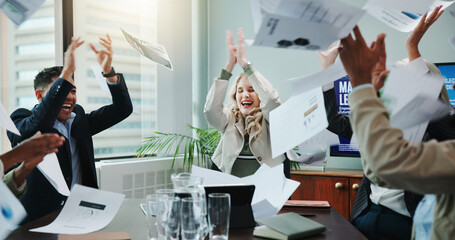 Aufkleber - Winner, paper throw and business people with documents for success, collaboration and applause. Goals, target and celebration with happy employee team in workplace for deal, meeting or motivation