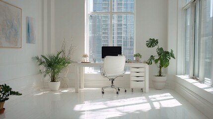 Poster - Clean Virtual Office Setup with White Furniture and Bright Natural Light