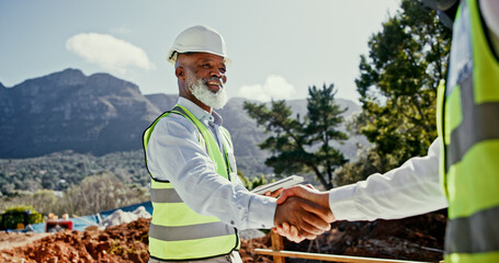 Aufkleber - Collaboration, construction team and handshake of people outdoor for deal on nature development. Mature man, tablet or engineers together for excavation, contract or agreement while shaking hands