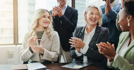 Aufkleber - Business, people and celebration with applause in meeting for company excellence, sales growth or achievement. Financial conference, employees and clapping hands for good news, recognition or support