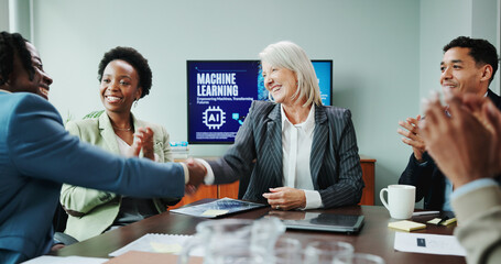 Aufkleber - Business, people or handshake with celebration in meeting for hiring deal, machine learning seminar or applause. Data scientist, welcome or shaking hands with training coach for ai system development