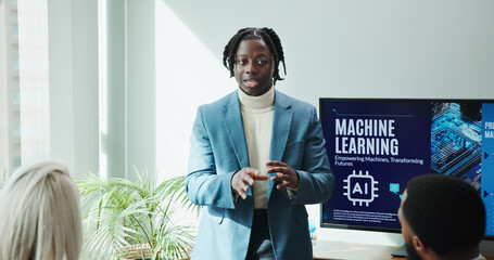 Aufkleber - Business man, screen and machine learning presentation for new innovation, idea and ai product promotion. Speaker, office and pitch proposal to team for equity funding or tech investment workshop