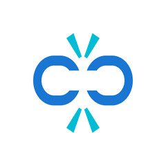 Poster - Illustration of two blue c shapes facing each other with two sets of cyan triangles above and below them