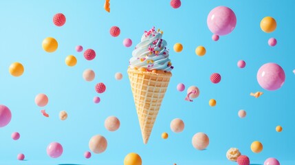 Fototapete - Colorful ice cream cone exploding with floating candy against blue background whimsical sweet summer treat