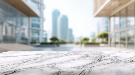Poster - Elegant White Marble Tabletop with Abstract Urban Background