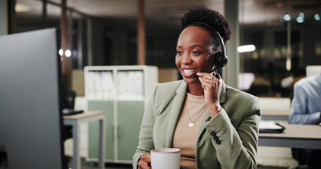 Aufkleber - Call center, coffee and happy woman in office for customer service, listening or crm at night. Contact us, telemarketing or African sales agent with drink with headset for help or faq on computer