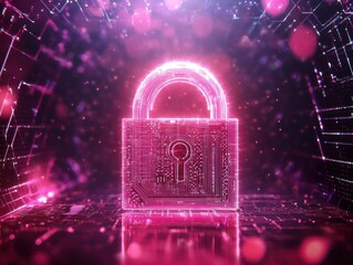Poster - digital lock security technology pink glowing abstract graphic art
