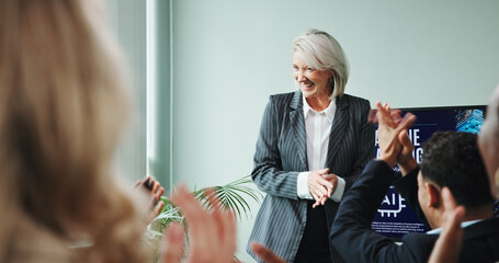 Aufkleber - Applause, speaker and woman with smile, boardroom and training for machine learning or presentation. Achievement, colleagues and people with successful meeting, clapping or excited for ai in business