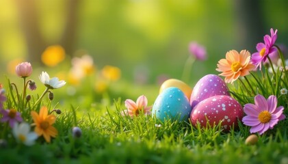  Colorful Easter eggs hidden in a spring garden, nestled amongst blooming flowers and green grass , easter background, pastel colors, bunny