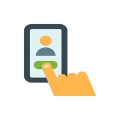 Poster - Finger interacting with a smartphone displaying a profile icon and a green button on the screen here