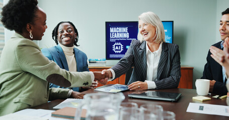 Aufkleber - Business, people and shaking hands in presentation for success of machine learning contract, offer and deal. Data scientist, office and handshake with training coach for ai development and onboarding
