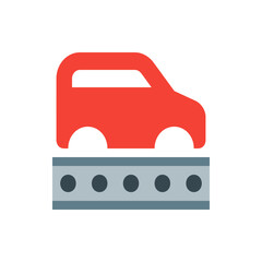 Poster - Illustration of a red car with white wheels above a gray bar with five black circles in a simple style