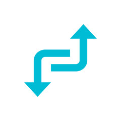 Aufkleber - A turquoise colored arrow with a sharp turn pointing downwards and upwards on a white isolated background