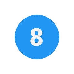 Poster - A white number eight centered in a solid light blue circle against a white background creating contrast and focus
