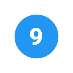 Poster - Illustration of the number nine in white color set against a blue circular background in a simple design
