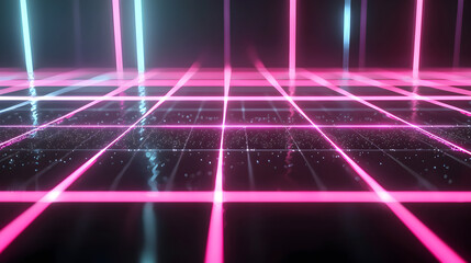 Poster - Neon Grid with Lines and Lights: A mesmerizing neon grid showcases vibrant pink and blue lights, creating a futuristic and visually stunning display.