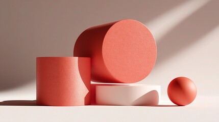Poster - Coral Colored 3D Cylinder and Sphere Shapes on Neutral Background