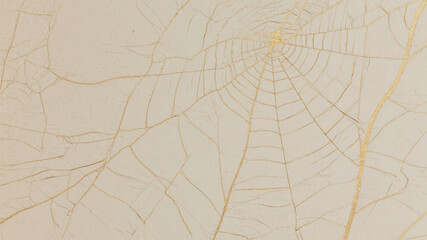 Delicate golden spiderweb design with subtle veins on muted beige surface texture