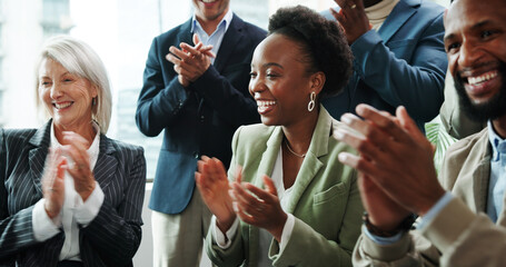 Aufkleber - Business, people and audience with applause in seminar for company excellence, recognition or celebration. Financial conference, employees and clapping hands for finance growth, good news and support