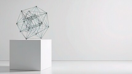 Poster - Minimalist Wireframe Sculpture Displayed on White Pedestal