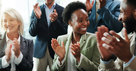 Aufkleber - Business, people and crowd with clapping hands in seminar for financial recognition, company growth and success. Finance conference, happy employees and applause for good news, training and thank you