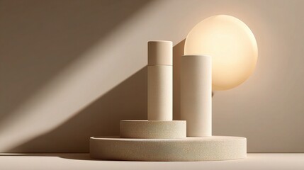 Poster - Minimalist Beige Podium with Soft Light and Long Shadow Effects