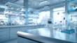 © HADI INCREDIBLE - Modern scientific laboratory setting showcasing glassware equipment on a pristine lab bench, with blurred background of shelves and advanced technology. Research, science, chemistry, technology, innov