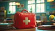 © BirD - School Safety: Red First Aid Kit on Desk in Classroom with Books and Globe school classroom desk pet