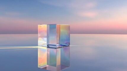 Poster - Transparent Glass Cube on Reflective Surface with Soft Color Gradient