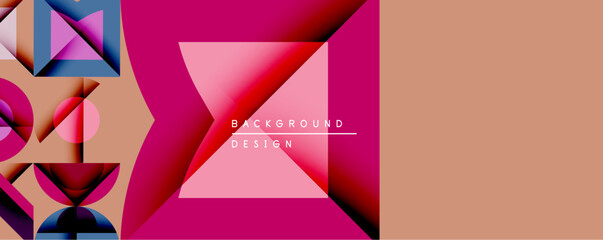 Aufkleber - Abstract geometric composition. Overlapping triangles, squares create vibrant visual effect. Beige, pink, blue hues dominate design. Modern style, clean lines present dynamic background.