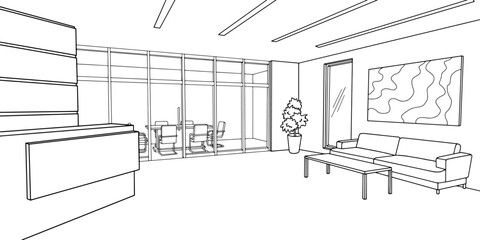 Fototapete - Reception in the office room graphic black white interior sketch illustration vector 