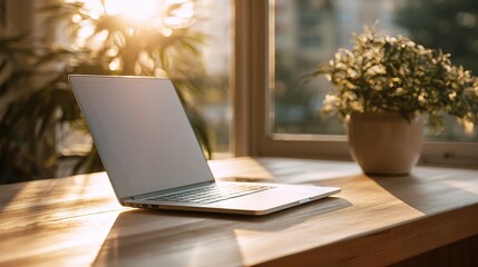 Poster - Sleek Silver Laptop on Pale Wood Desk Illuminated by Soft Sunlight