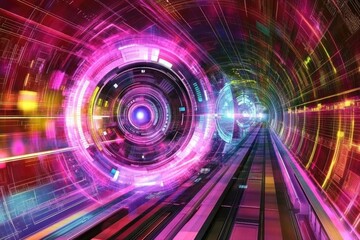 Poster - futuristic tunnel with vibrant digital interface