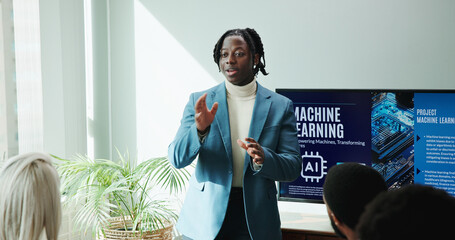 Aufkleber - Businessman, talking and presentation of idea in conference room for ai innovation or machine learning. Speaker, meeting or pitch proposal to group for computer science, tech or development in office