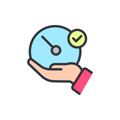 Poster - Timely completion presented: Hand offering a clock with a checkmark symbol