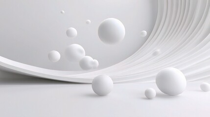 Poster - Minimalist 3D Abstract White Background with Spheres and Curved Lines
