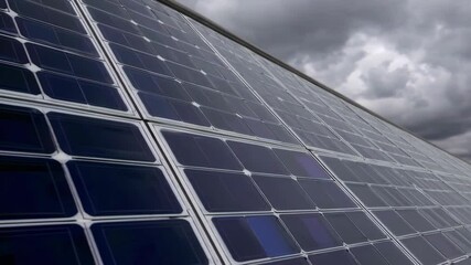 Dynamic cloud movement over expansive solar panel array capturing renewable energy