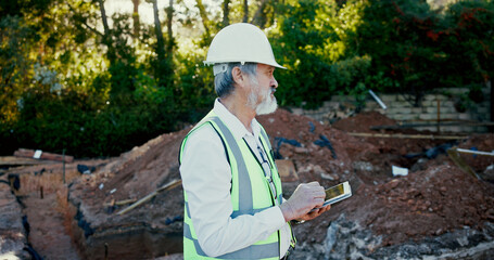 Poster - Building, tablet and thinking with construction worker man on site for architecture, development or planning. Ideas, hardhat and vision with mature builder person outdoor for industrial engineering