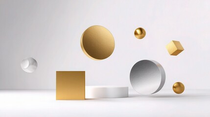 Poster - Floating Geometric Shapes in Gold and Silver on White Background